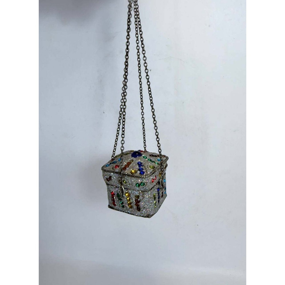 Vintage Rhinestone Glitter Treasure Chest Mini Trinket Box Bag Chain Silver
